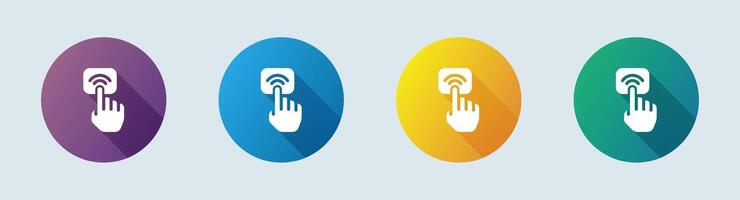 Four colored buttons with a hand holding a phone vector