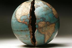 A striking collage of the Earth globe with torn edges, set against a dark, moody background, symbolizing fragility, change, and the complexities of the world photo