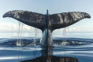 A majestic humpback whale leaping out of the water, creating a powerful splash, showcasing the beauty and strength of marine life in action photo