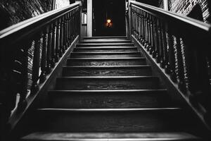 A moody black and white photograph capturing a stairway leading into a dark room, evoking mystery and intrigue through shadows and light contrasts photo