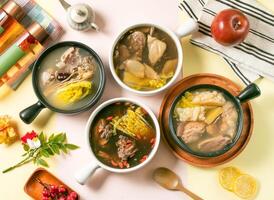 Assorted Chicken Soup include sesame oil, pineapple, bitter melon, Ginseng, Glutinous Rice with South African Tea, Red Dates and Wolfberry Tea, japanese double tea, apple, and lemon on table top view photo