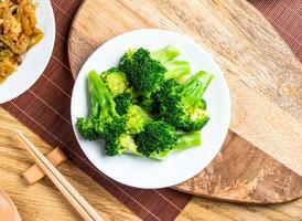 Fresh broccoli served in plate with chopsticks and spoon isolated on wooden board top view of taiwan food photo