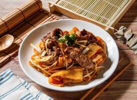Hong Kong Style Fried Beef Noodles served in plate with chopsticks and spoon isolated on wooden table side view of taiwan food photo