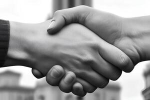 A powerful black and white image showing two people, one black and one white, shaking hands. This image symbolizes unity, diversity, and mutual respect, transcending cultural and racial boundaries. photo
