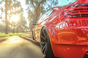A striking red sports car cruising along a road in a lush park, blending luxury with nature in a dynamic and stylish setting photo