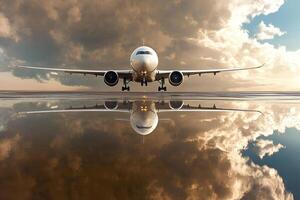 An airplane soaring through the sky with fluffy clouds surrounding it, perfectly reflected in the calm surface of the water below, creating a stunning visual photo