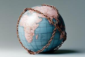 A 3D illustration of the Earth globe wrapped in a chain, symbolizing the impact of global warming and environmental constraints, highlighting the connection between climate issues and human actions photo