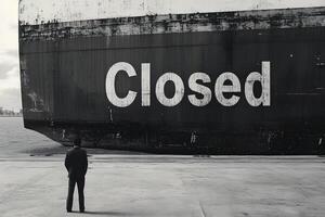 A businessman gazing at a cargo ship in the harbor, with a Closed sign in the background. The scene symbolizes challenges in the global supply chain or business disruptions photo