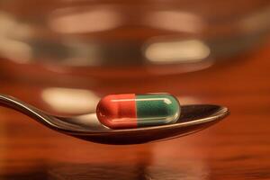A close-up shot of a green and red capsule resting on a spoon, with a glass of water blurred in the background, symbolizing health and supplementation photo
