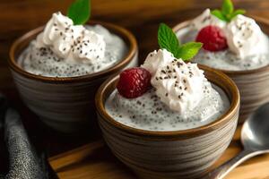 Delicious chia seed pudding served in a ceramic bowl, topped with fresh raspberries and whipped cream, creating a healthy and nutritious dessert photo