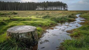 Serene Landscape Tree Stump Marsh Stream and Pine Forest Background photo