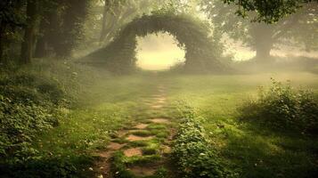 Mystical Stone Archway Path in Foggy Green Forest Magical Nature Scene photo