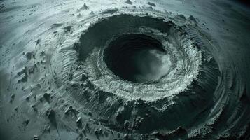 Aerial View of Deep Crater Industrial Mining Pit Dusty Excavation Open Pit Mine Earth Texture photo