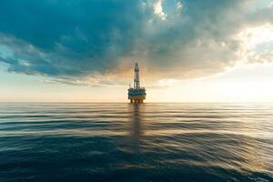 A striking view of an oil and gas platform situated in the middle of the sea, bathed in the warm glow of a sunset, capturing the contrast between industrial strength and natural beauty photo