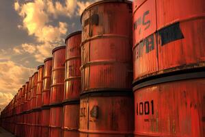 A row of red oil barrels placed under the blue sky with scattered clouds, highlighting the industrial setting and the vivid contrast between the barrels and the sky photo