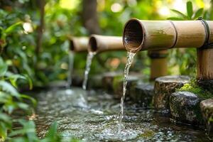 A Japanese garden with a beautiful stream flowing between rocks and a bamboo fence in the background. The shallow depth of field adds a sense of calm and harmony. photo