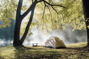 A camping tent set up by the lake shore in an autumn forest, surrounded by morning fog, creating an atmosphere of solitude and tranquility. Perfect for imagery about camping, autumn photo