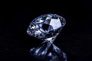 A high-quality macro close-up of a dazzling diamond on a black background, highlighting its perfect cut, brilliance, and intricate facets in exquisite detail. photo