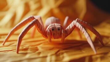 A close-up of a cute spider crafted from plasticine, set against a vibrant yellow background, with detailed features adding charm and a playful touch to the artistic creation. photo