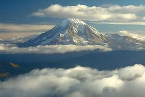 The majestic Mt. Fuji hidden in the clouds, with views of the picturesque Yamanashi region in Japan, creating an atmosphere of mystery and natural beauty photo