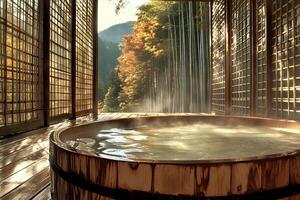 Toned image of a hot tub in the interior of a Japanese spa, creating a calming and relaxing atmosphere. Perfect for wellness and Japanese culture imagery photo