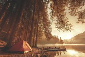 Camping by a picturesque lake surrounded by a pine forest, creating an atmosphere of solitude and nature retreat amidst greenery and tranquility photo