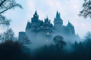 A mystical castle shrouded in fog, nestled deep within a dense forest, creating an enchanting and otherworldly fairytale atmosphere with a sense of mystery and wonder photo