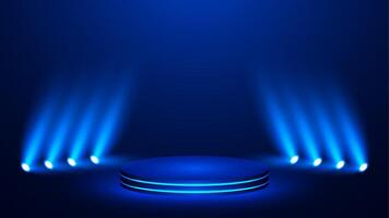 Blue stage background with neon and spotlights. display podium Futuristic vector