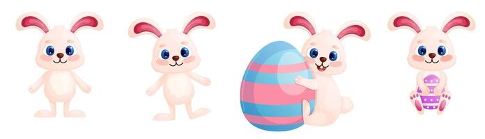Easter rabbit set isolated on white. Funny bunny with Easter egg collection. Cartoon illustration. vector