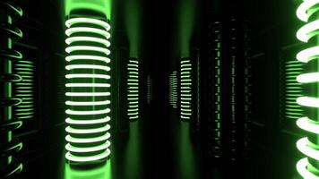 Green and Yellow Futuristic Corridor with Neon Cylindrical Strobe Columns Background Vj Loop I 4K video