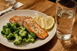 A delicious dish with grilled salmon, served with a side of fresh broccoli and lemon slices, presented on a wooden surface. The table, adorned with greenery and citrus photo