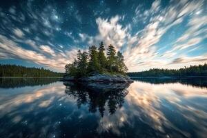 A starry night over a lake with a dramatic sky and twinkling stars, creating a breathtaking landscape that reveals the grandeur and beauty of nature at night photo