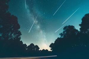 A majestic night sky filled with billions of stars and the Milky Way stretching over a deserted road. The scene inspires thoughts of the vastness of the universe and endless possibilities photo