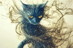 A mystical scene featuring a blue cat with hair seemingly floating in the air, creating an atmosphere of fantasy and magic in a unique conceptual style filled with vibrant colors and unusual energy photo