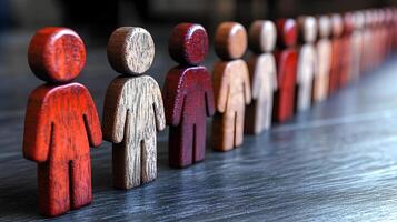 Wooden figures of people lined up, symbolizing unity and teamwork. A perfect scene for themes of business, collaboration, and collective effort. photo