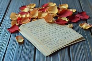 An elegant composition with rose petals and an old book on a wooden background. Perfect for creating atmospheric photos about romance, reading, and nostalgia.