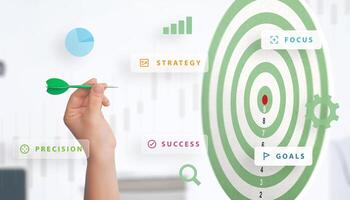 Hand aiming at an imagined target surrounded by keywords like goals, strategy, success, precision, and focus, symbolizing effective marketing and strategic business leadership photo