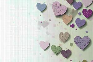 Delicate paper hearts in various shades cascade gently against a light pastel backdrop. The hearts feature playful patterns and create a whimsical atmosphere, evoking feelings of love and joy. photo