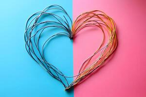Wires are shaped into a heart design, with one side in blue and the other in pink. This artistic arrangement reflects creativity and craftsmanship, perfect for a themed project. photo