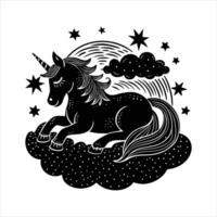 Sleeping unicorn in the clouds among vector