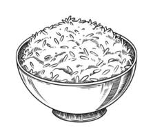 Steamed rice bowl food illustration in the graphic line art style. Hand drawn outline element of healthy side dish meal. Perfect for menu creating and sketch drawing designs. vector