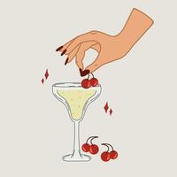 Retro-style illustration of a cocktail glass with a fizzy drink, garnished with cherries, and a hand elegantly placing a cherry on top, with sparkling decorative elements on a light background. vector