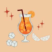 Retro-style illustration of an orange cocktail in a curved glass with a straw, garnished with citrus slices and ice cubes, with sparkling decorative elements on a beige background. vector