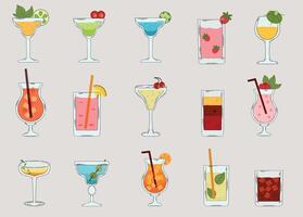 Set of various cocktail glasses with colorful fizzy drinks, garnished with fruits, citrus slices, cherries, mint leaves, and straws on a light background in retro style. vector