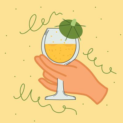 Retro-style illustration of a cocktail glass with a fizzy yellow drink, a green umbrella garnish, and decorative swirls on a warm pastel background.