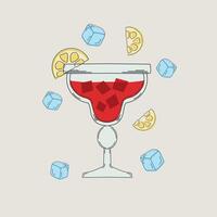 A cocktail glass filled with a red fizzy drink, garnished with lemon slices and surrounded by ice cubes on a light background in retro style vector