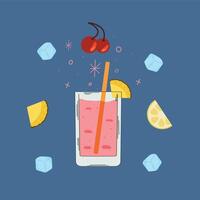 Retro-style illustration of a fruit cocktail in a glass with a straw, garnished with cherries, lemon slices, and ice cubes on a blue background, with sparkling decorative elements vector