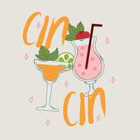 Two cocktail glasses with fizzy drinks, one orange with lime and mint garnish, the other pink with cherries and a straw, surrounded decorative sparkles on a light background in retro style. vector