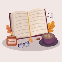 An open book, coffee cup and music notes are on a table vector