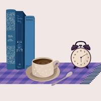 A cup of coffee and books on a table vector